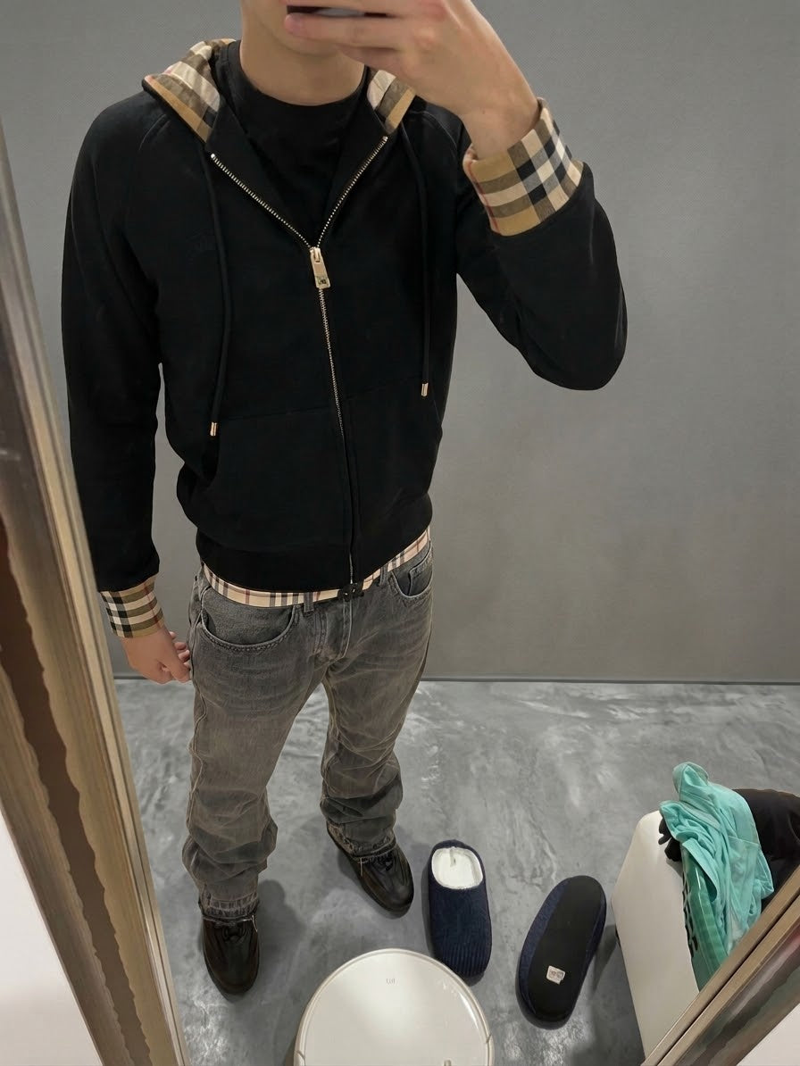 Burberry Black Check Lined Zip Hoodie